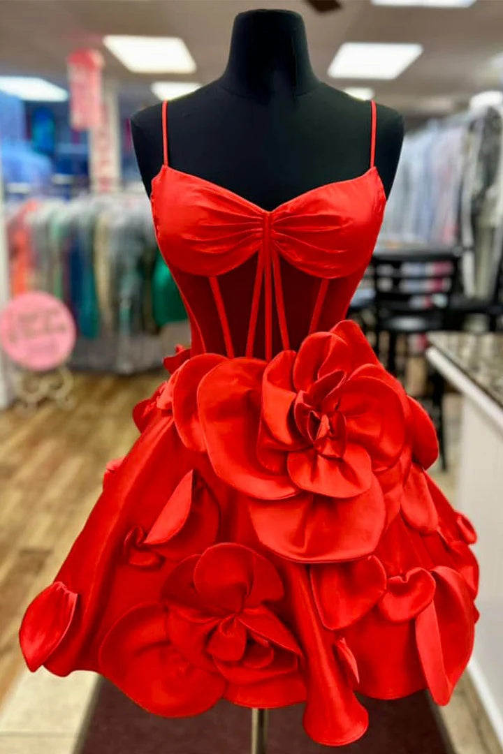 3D Flower Spaghetti Straps A Line Short Party Dress