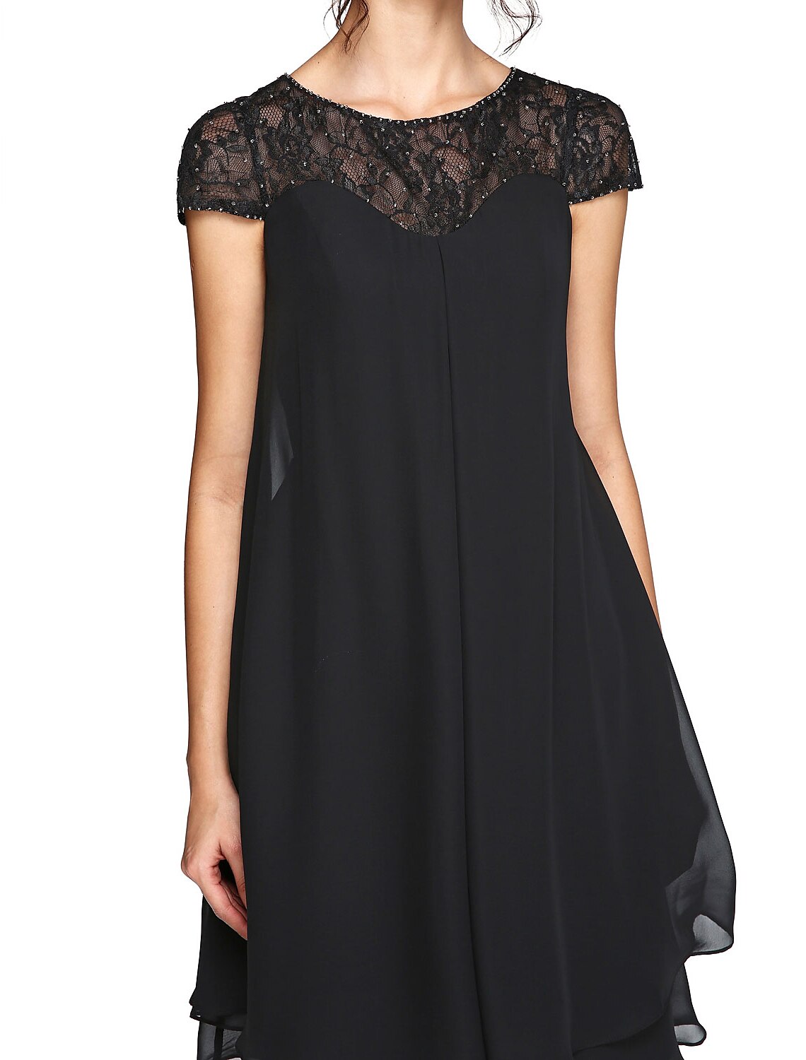 Aimishang A-Line Mother of the Bride Dress Plus Size Elegant Illusion Neck Knee Length Chiffon Lace Short Sleeve with Sequin