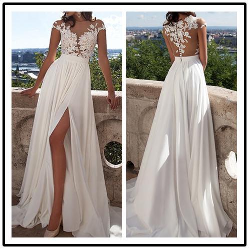 Romantic Chiffon Bateau Neckline A-line Wedding Dresses With Appliques And Slit