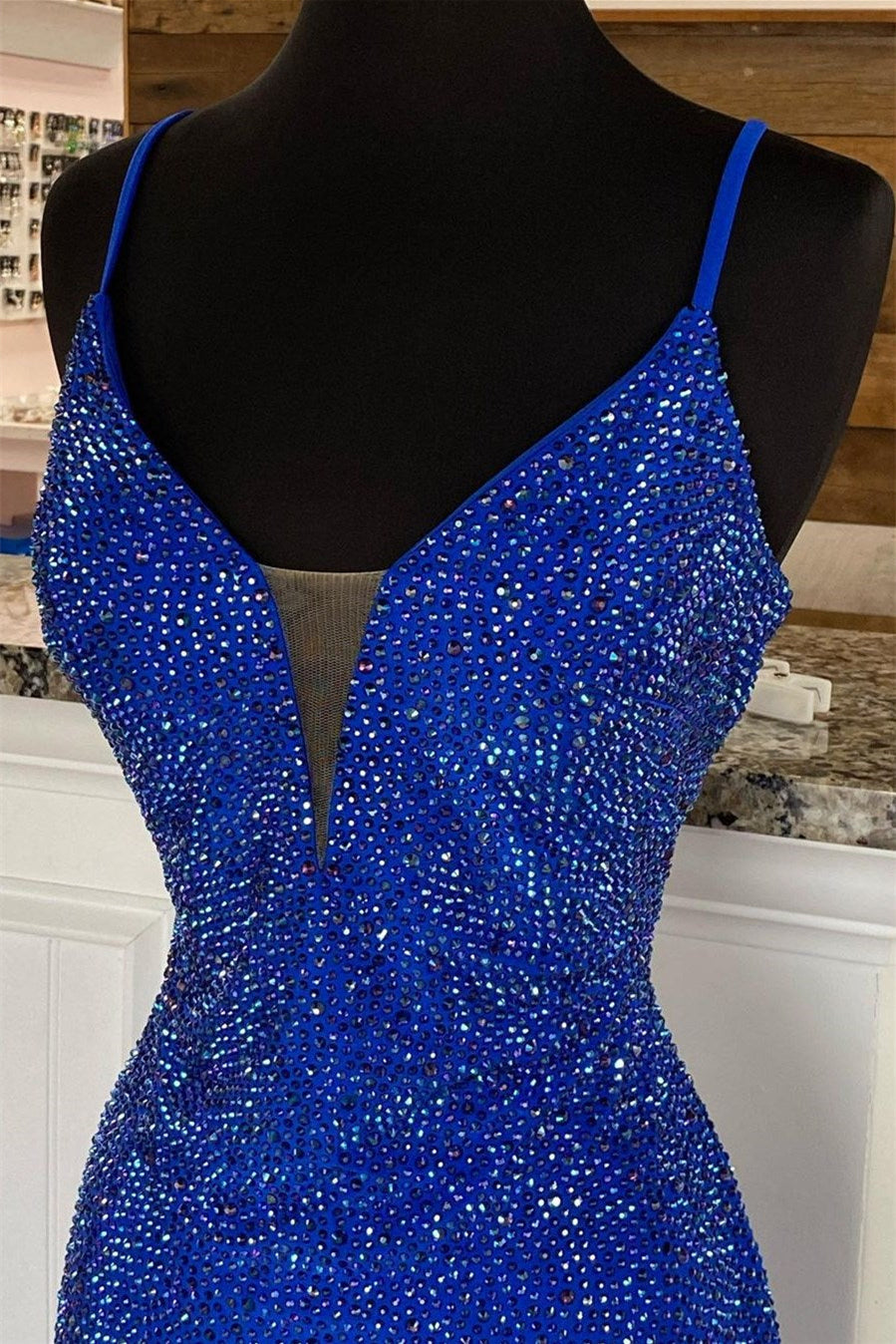 Royal Blue V Neck Mermaid Evening Dress with Appliques Splitting