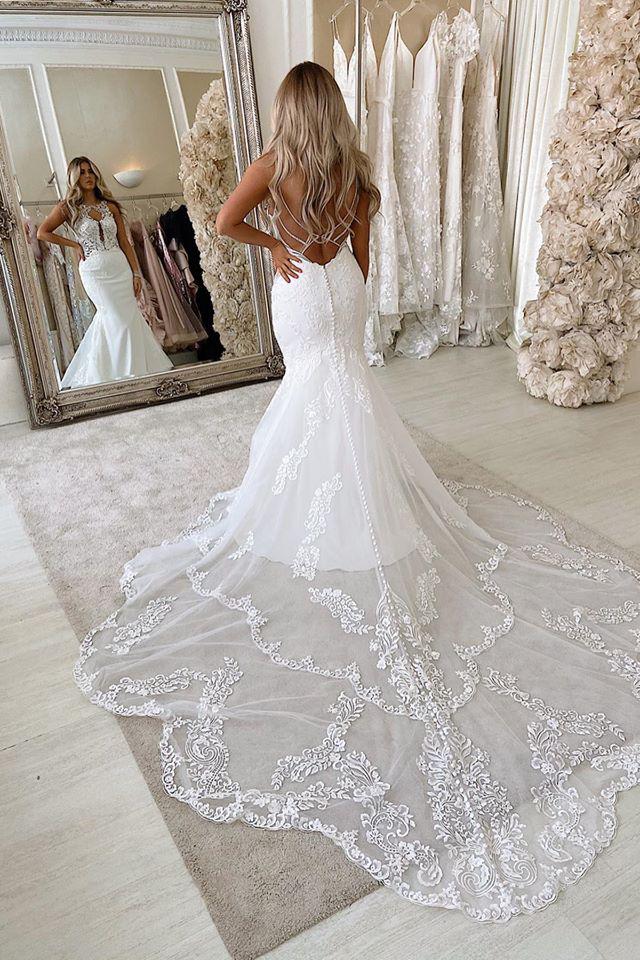 Satin Backless Long Mermaid Wedding Dress with Lace and Spaghetti-Straps
