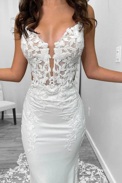 Sexy Satin V-Neck Spaghetti Straps Illusion Lace Applique With Lace Train Wedding Dress White