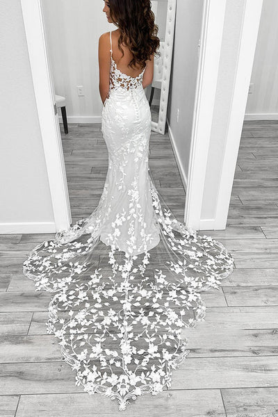 Sexy Satin V-Neck Spaghetti Straps Illusion Lace Applique With Lace Train Wedding Dress White