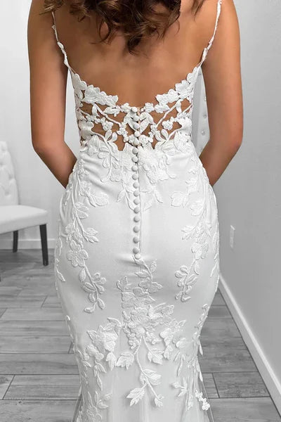Sexy Satin V-Neck Spaghetti Straps Illusion Lace Applique With Lace Train Wedding Dress White