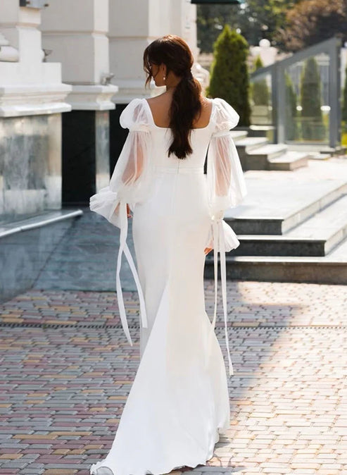 Mermaid Square Neckline Long Sleeves Satin Wedding Dresses White Elegant
