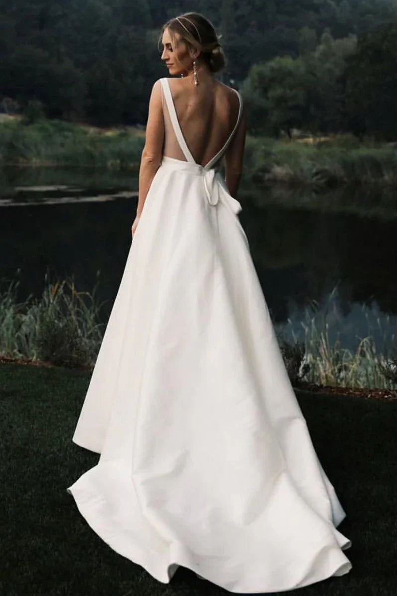Elegant Satin Wedding Dress V Neck Backless A Line Bridal Dress Simple Solid Color Sexy