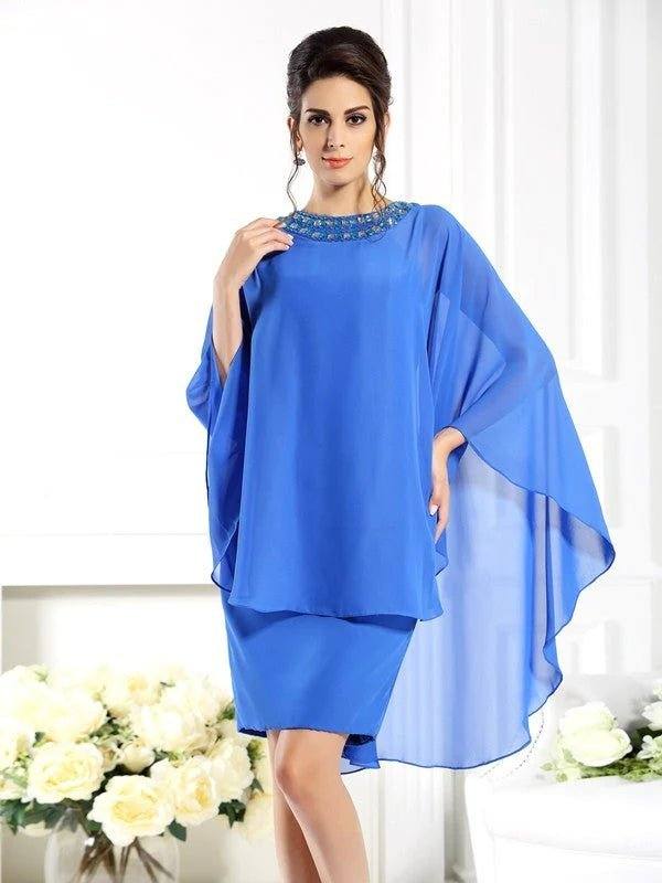 Sheath/Column Bateau 3/4 Sleeves Short Chiffon Mother of the Bride Dresses - RongMoon