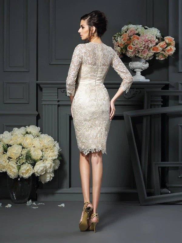 Sheath/Column Scoop Bowknot 3/4 Sleeves Short Lace Mother of the Bride Dresses - RongMoon
