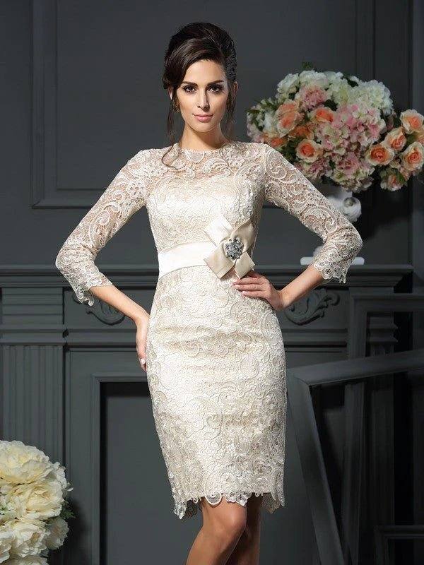 Sheath/Column Scoop Bowknot 3/4 Sleeves Short Lace Mother of the Bride Dresses - RongMoon