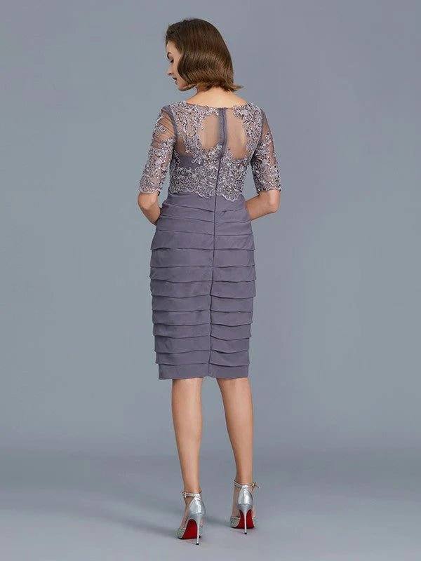 Sheath/Column Scoop Ruffles Chiffon 1/2 Sleeves Knee-Length Mother of the Bride Dresses - RongMoon