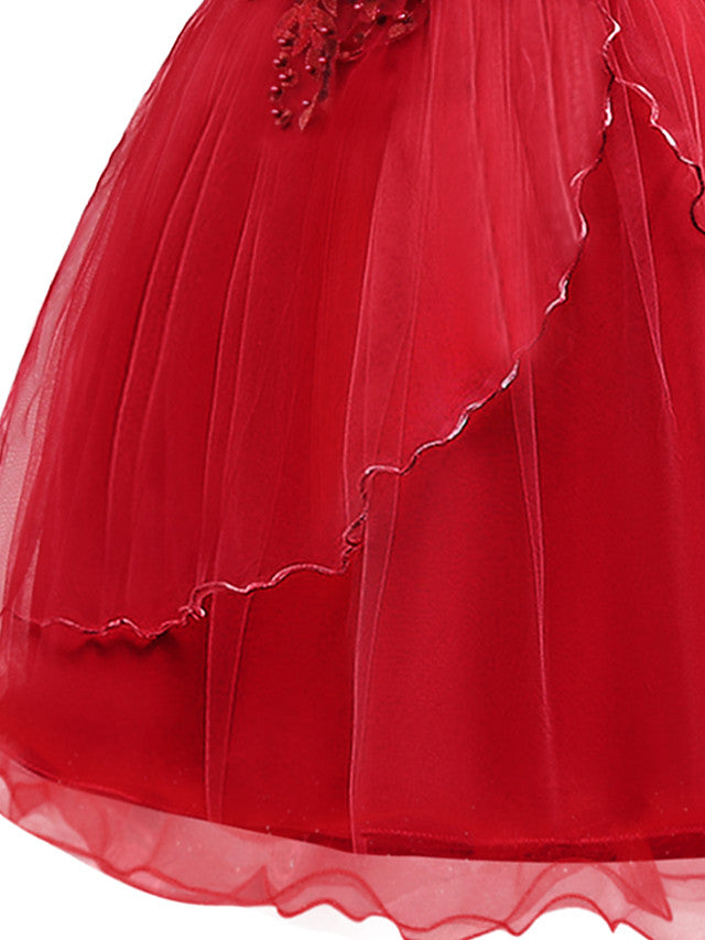 Short Sleeve Boat Neck Chiffon Tulle Flower Girl Dress with Beading Appliques & Paillette