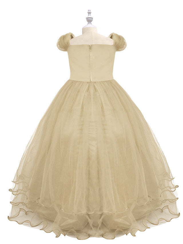 Short Sleeve Boat Neck Chiffon Tulle Flower Girl Dress with Beading Appliques & Paillette
