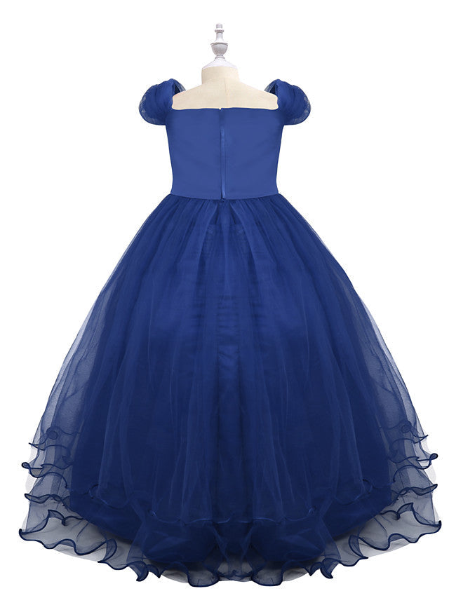 Short Sleeve Boat Neck Chiffon Tulle Flower Girl Dress with Beading Appliques & Paillette