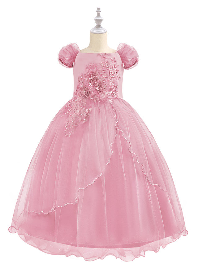 Short Sleeve Boat Neck Chiffon Tulle Flower Girl Dress with Beading Appliques & Paillette