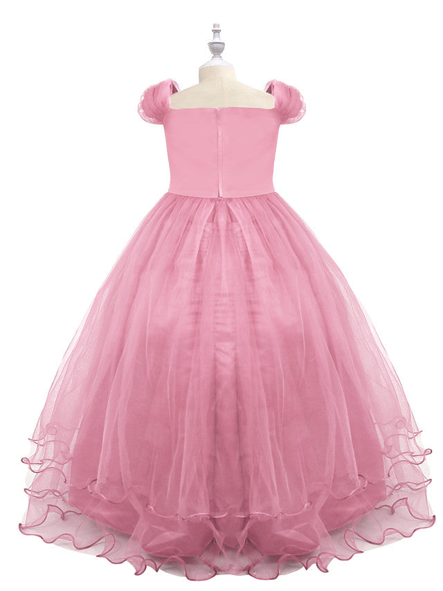 Short Sleeve Boat Neck Chiffon Tulle Flower Girl Dress with Beading Appliques & Paillette