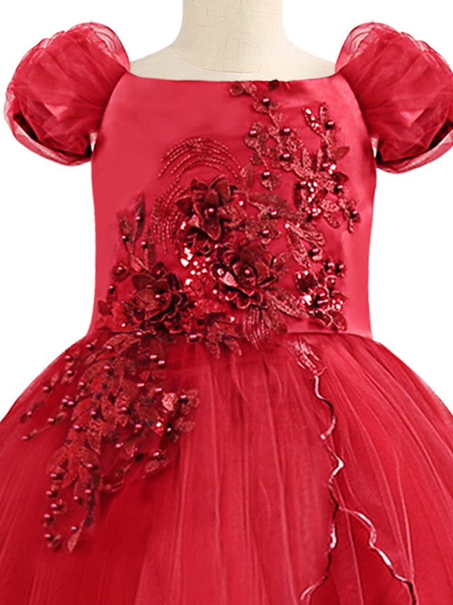 Short Sleeve Boat Neck Chiffon Tulle Flower Girl Dress with Beading Appliques & Paillette