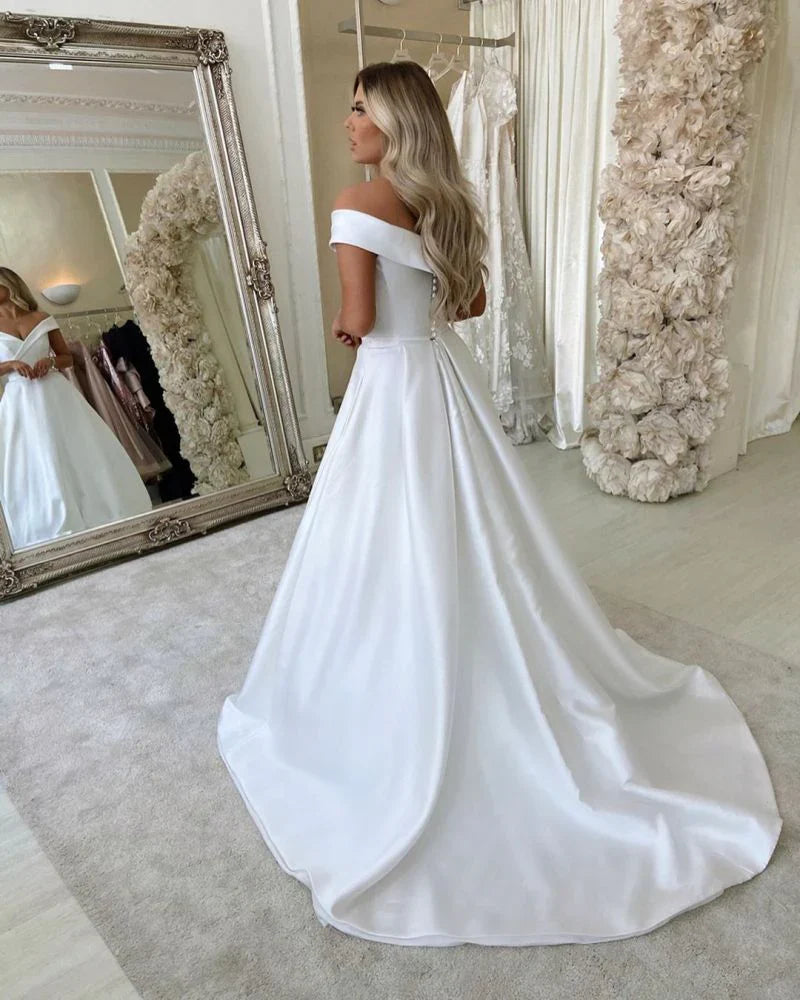 White Off The Shoulder Wedding Dress A Line Satin Bridal Dress Floor Length Solid Color Simple Elegant