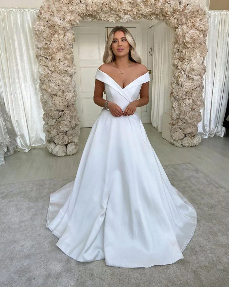White Off The Shoulder Wedding Dress A Line Satin Bridal Dress Floor Length Solid Color Simple Elegant