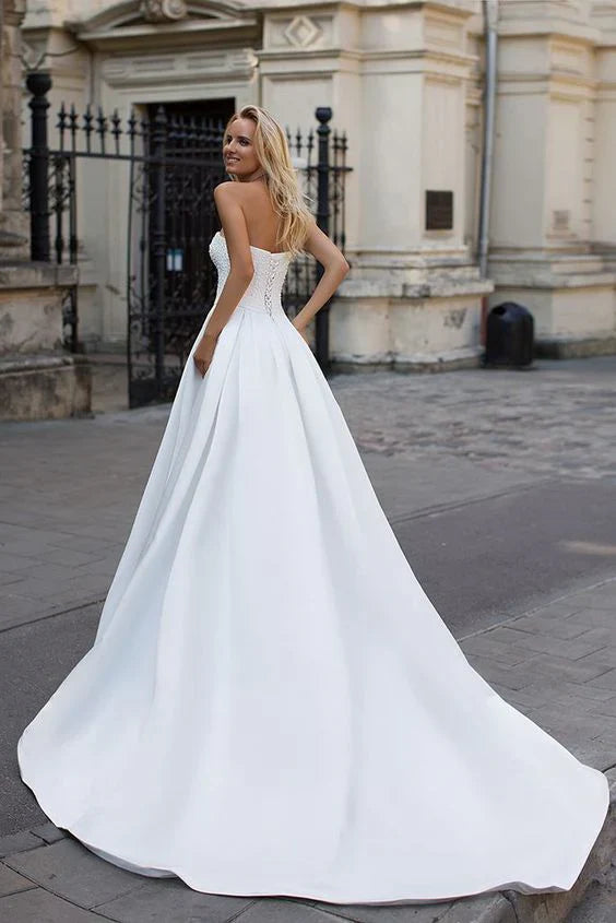 Simple Strapless White A Line Zipper Up A Line Princess Wedding Dress Off Shoulder