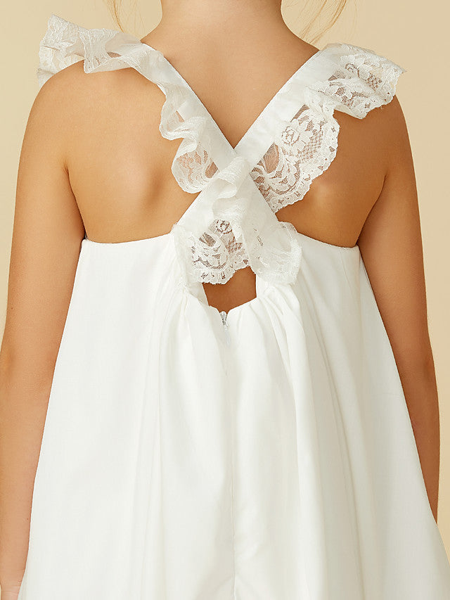Sleeveless A-Line Flower Girl Dress with Lace and Pleats