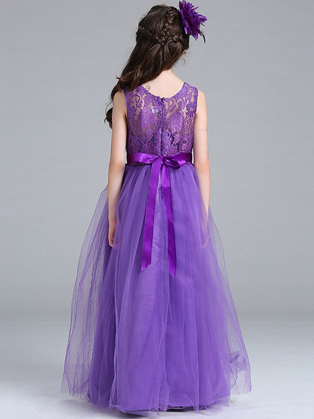 Sleeveless A-Line Flower Girl Dress with Lace Illussion Neck Tulle