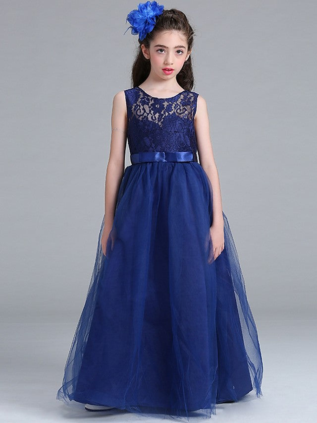 Sleeveless A-Line Flower Girl Dress with Lace Illussion Neck Tulle