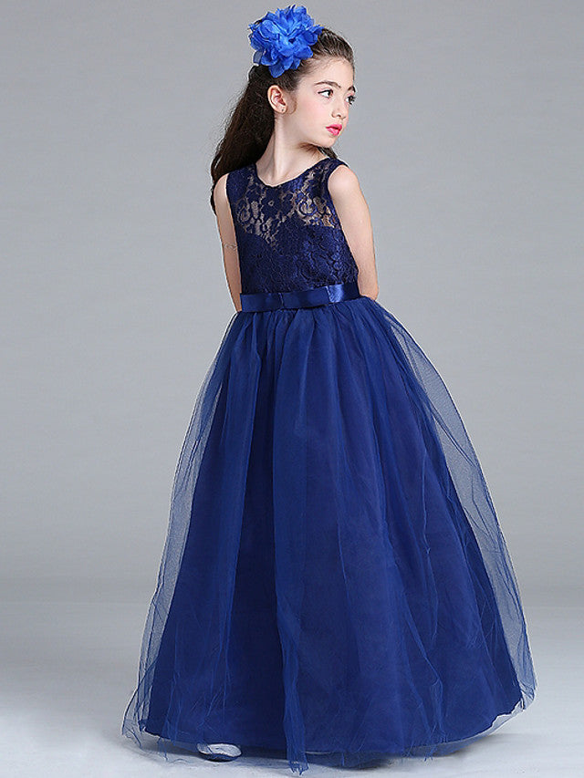 Sleeveless A-Line Flower Girl Dress with Lace Illussion Neck Tulle
