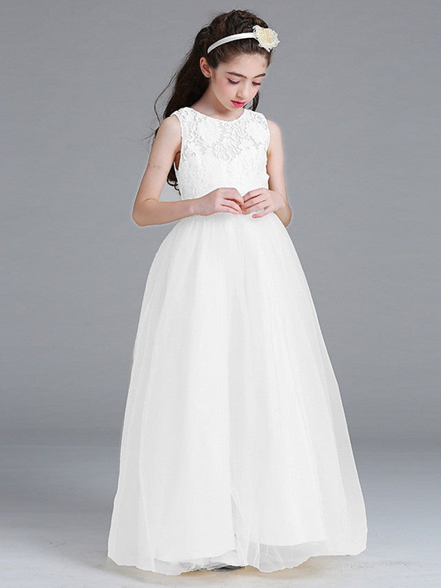 Sleeveless A-Line Flower Girl Dress with Lace Illussion Neck Tulle