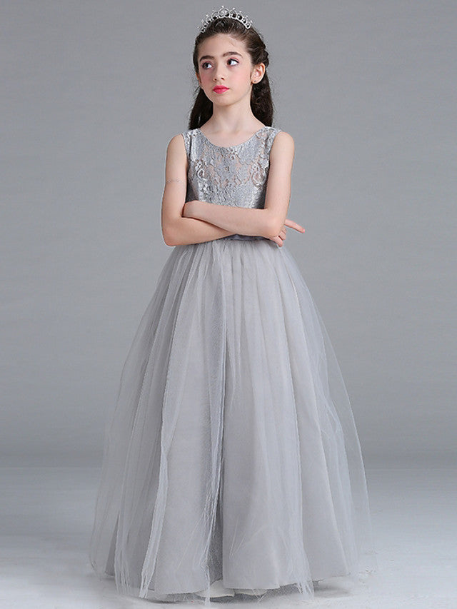 Sleeveless A-Line Flower Girl Dress with Lace Illussion Neck Tulle