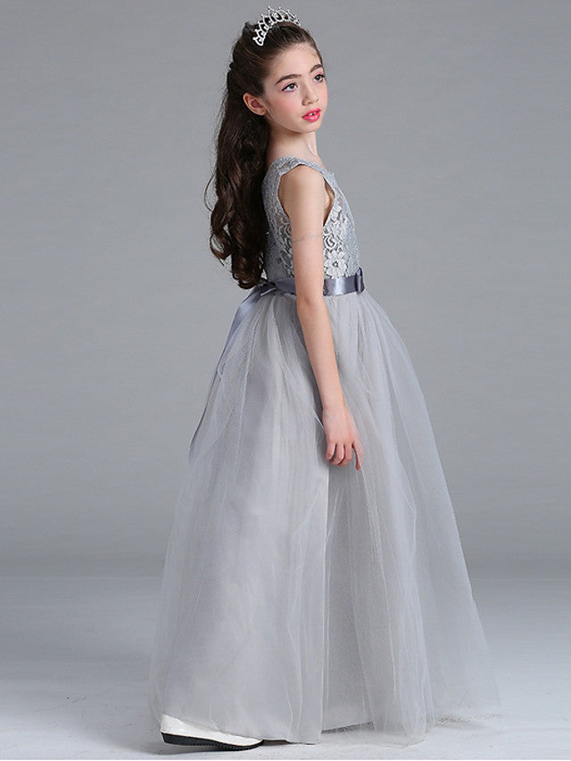 Sleeveless A-Line Flower Girl Dress with Lace Illussion Neck Tulle