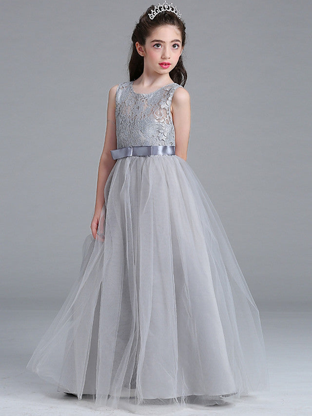 Sleeveless A-Line Flower Girl Dress with Lace Illussion Neck Tulle