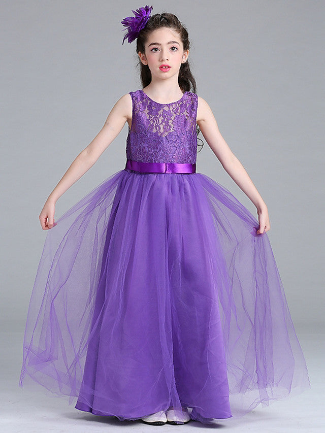 Sleeveless A-Line Flower Girl Dress with Lace Illussion Neck Tulle
