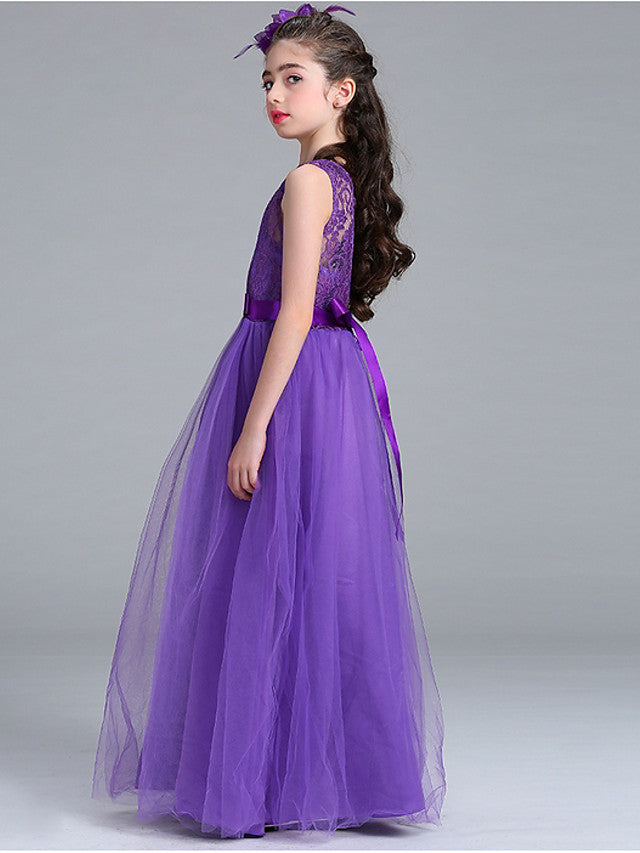 Sleeveless A-Line Flower Girl Dress with Lace Illussion Neck Tulle