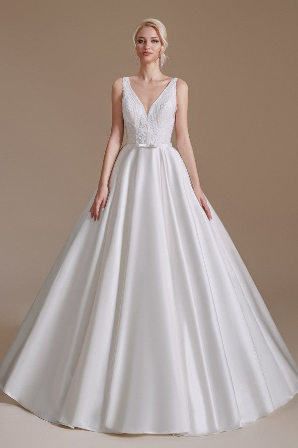 Stunning Long V-Neck Wedding Dress with Lace Appliques