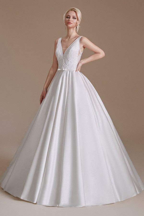 Stunning Long V-Neck Wedding Dress with Lace Appliques