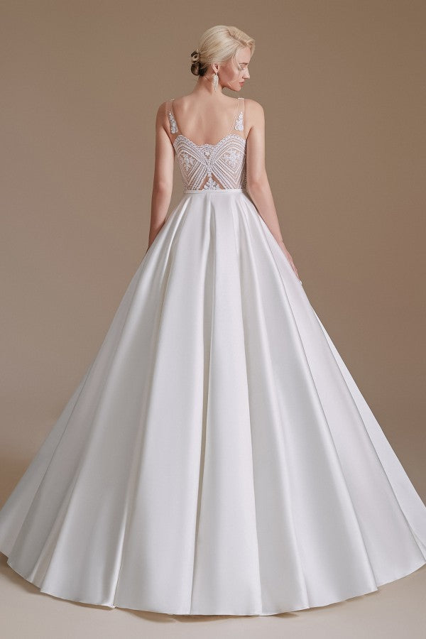 Stunning Long V-Neck Wedding Dress with Lace Appliques