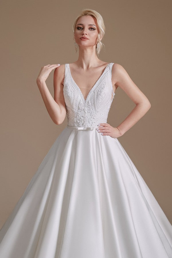 Stunning Long V-Neck Wedding Dress with Lace Appliques
