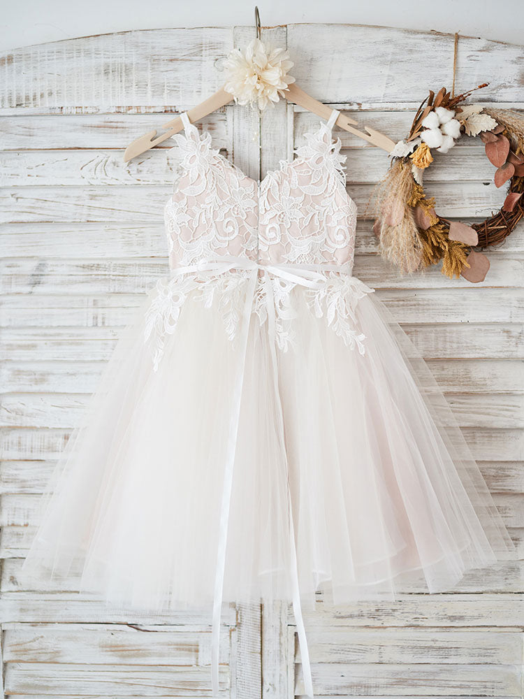 Stunning V-Neck Tulle Flower Girl Dress with Appliques