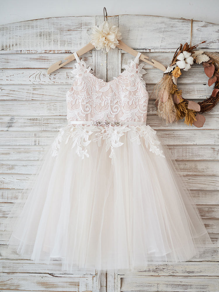 Stunning V-Neck Tulle Flower Girl Dress with Appliques