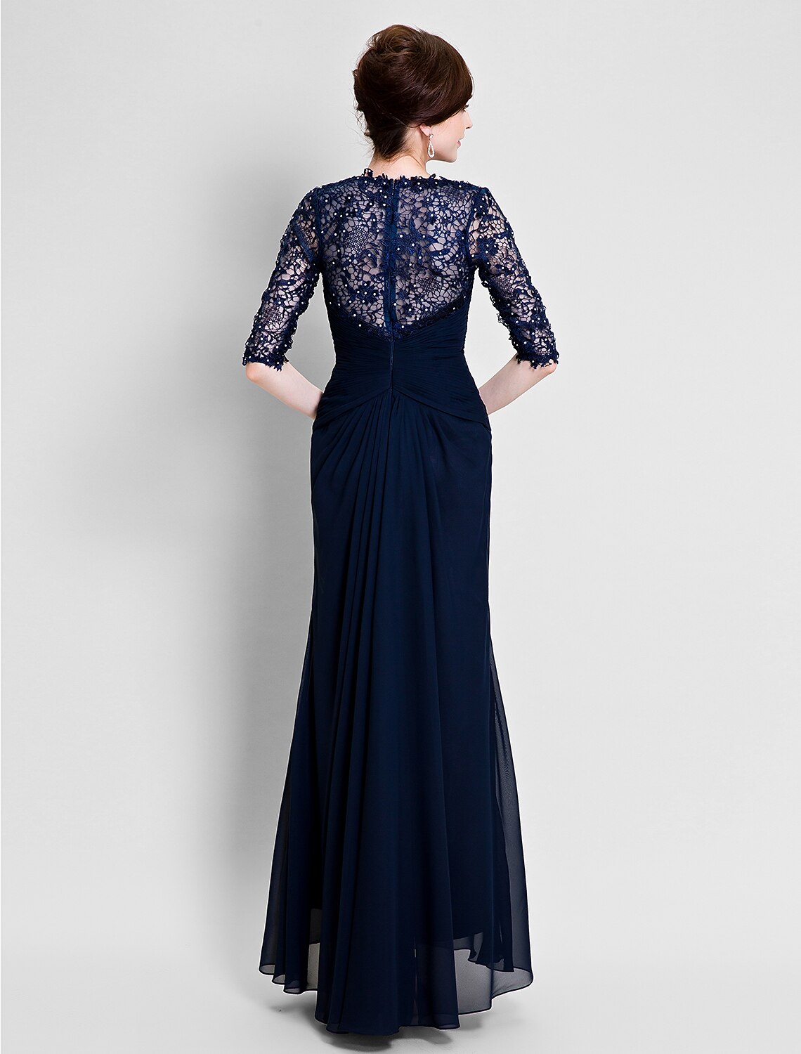 Aimishang A-Line Mother of the Bride Dress See Through V Neck Floor Length Chiffon Lace Half Sleeve No with Lace Beading