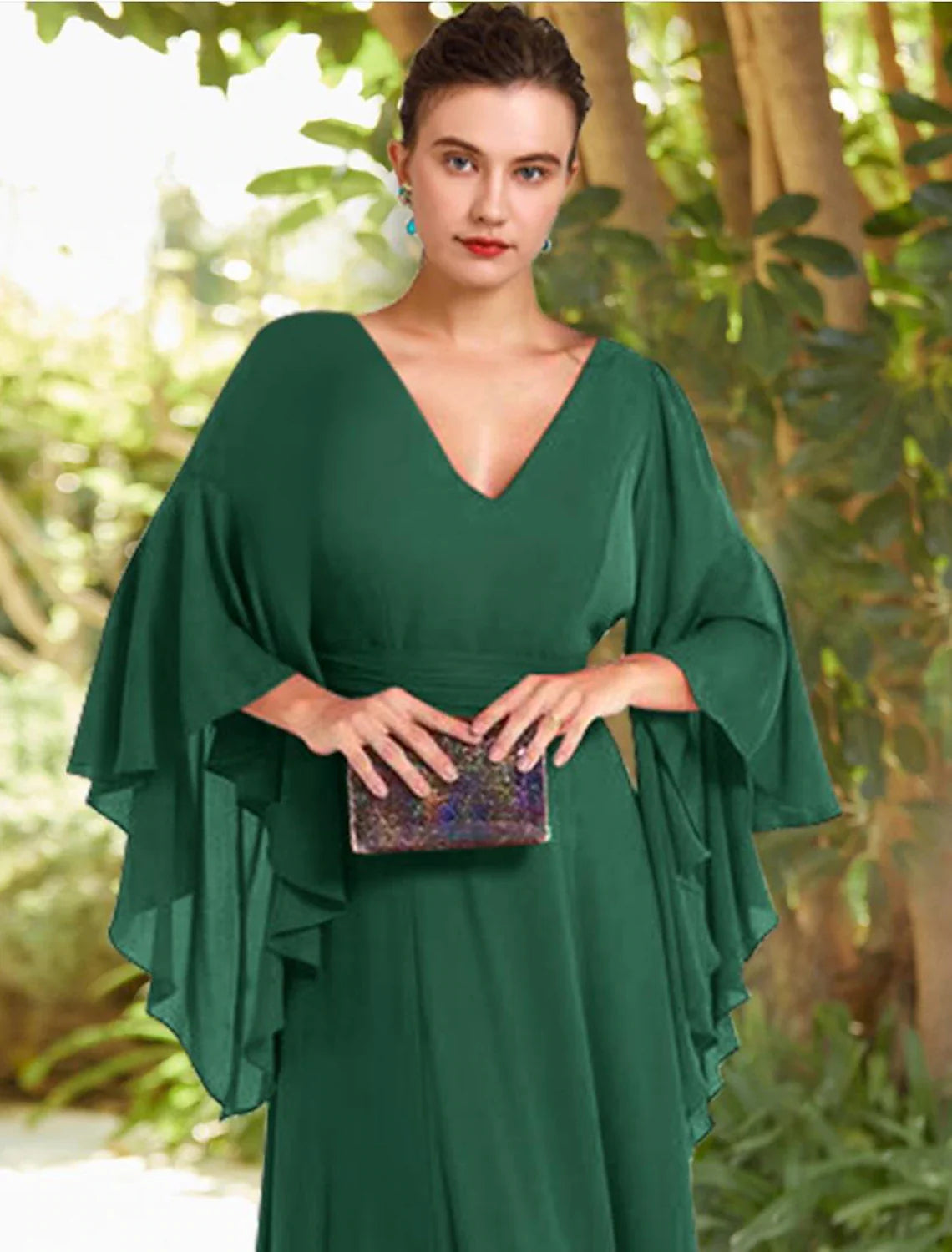 Aimishang A-Line Mother of the Bride Dress Formal Wedding Guest Elegant V Neck Floor Length Chiffon 3/4 Length Sleeve with Ruched