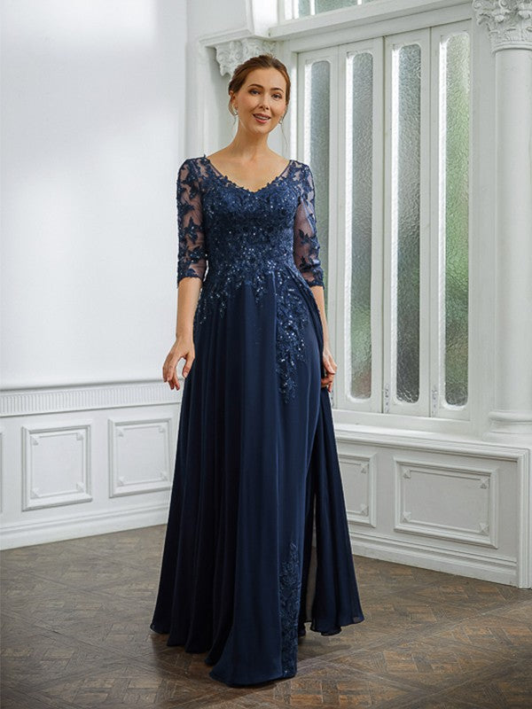 Aimishang A-Line/Princess Chiffon Applique V-neck 3/4 Sleeves Floor-Length Mother of the Bride Dresses