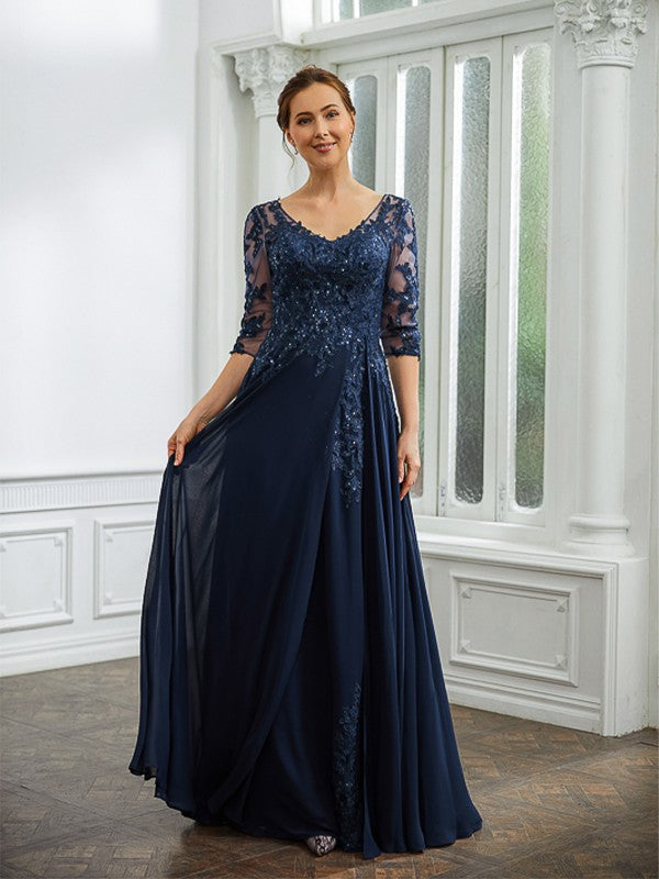 Aimishang A-Line/Princess Chiffon Applique V-neck 3/4 Sleeves Floor-Length Mother of the Bride Dresses