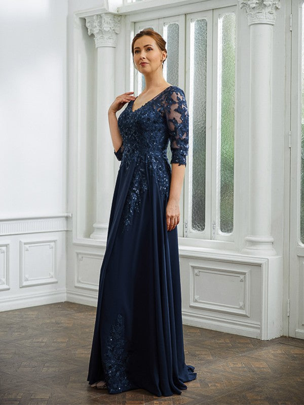 Aimishang A-Line/Princess Chiffon Applique V-neck 3/4 Sleeves Floor-Length Mother of the Bride Dresses