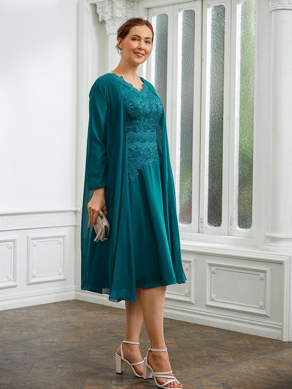 Aimishang A-Line/Princess Chiffon Ruched V-neck Short Sleeves Knee-Length Mother of the Bride Dresses