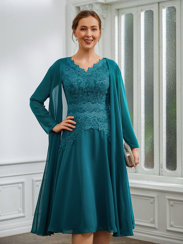 Aimishang A-Line/Princess Chiffon Ruched V-neck Short Sleeves Knee-Length Mother of the Bride Dresses