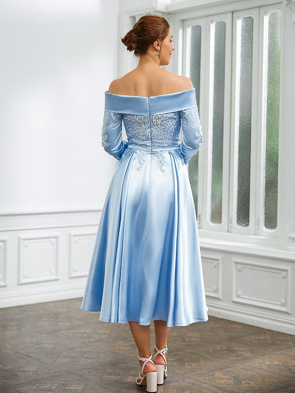 Aimishang A-Line/Princess Woven Satin Ruched Off-the-Shoulder Long Sleeves Tea-Length Mother of the Bride Dresses