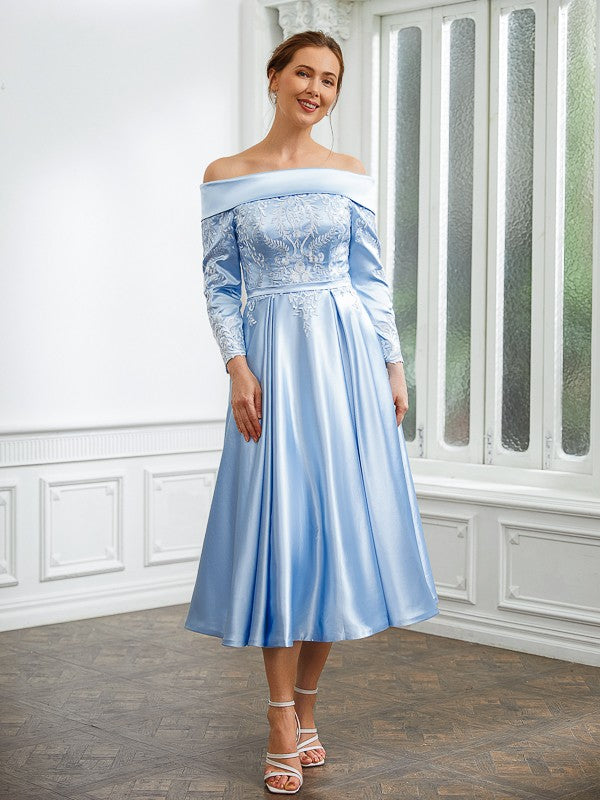 Aimishang A-Line/Princess Woven Satin Ruched Off-the-Shoulder Long Sleeves Tea-Length Mother of the Bride Dresses