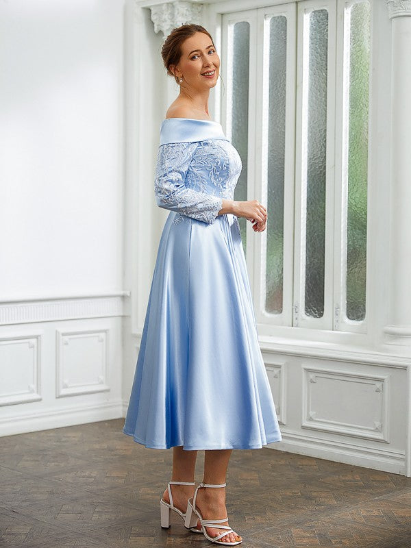 Aimishang A-Line/Princess Woven Satin Ruched Off-the-Shoulder Long Sleeves Tea-Length Mother of the Bride Dresses