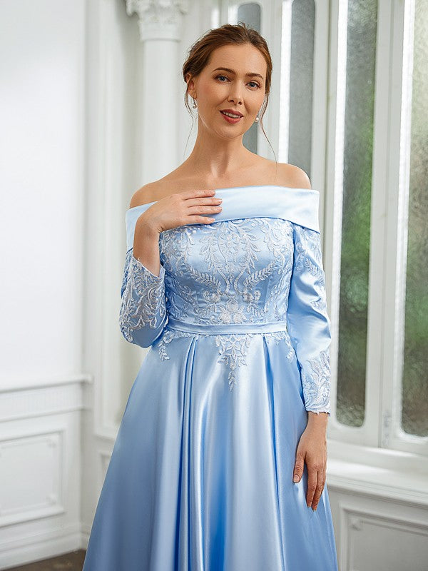 Aimishang A-Line/Princess Woven Satin Ruched Off-the-Shoulder Long Sleeves Tea-Length Mother of the Bride Dresses